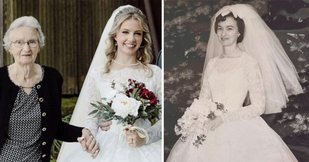 Bride wears grandma’s wedding dress from 1961 down the aisle – that she stored in a garbage bag
